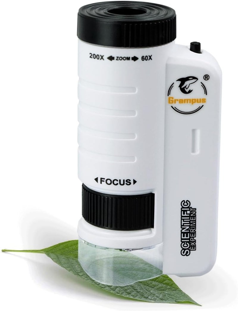 Grampus 60x-200x LED Pocket Microscope Portable Handheld STEM Toy for Kids Adults, Mini Microscope for Student Science Lab for Educational Microbiological Observation Outdoor Exploration - Image 1